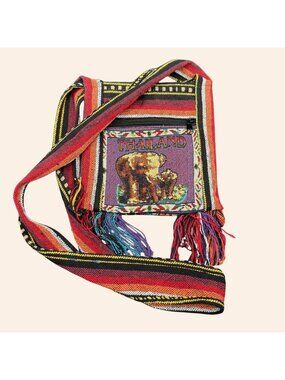 Handmade Thailand Crossbody Shoulder Bag Elephants Folk Art Woven Zipper